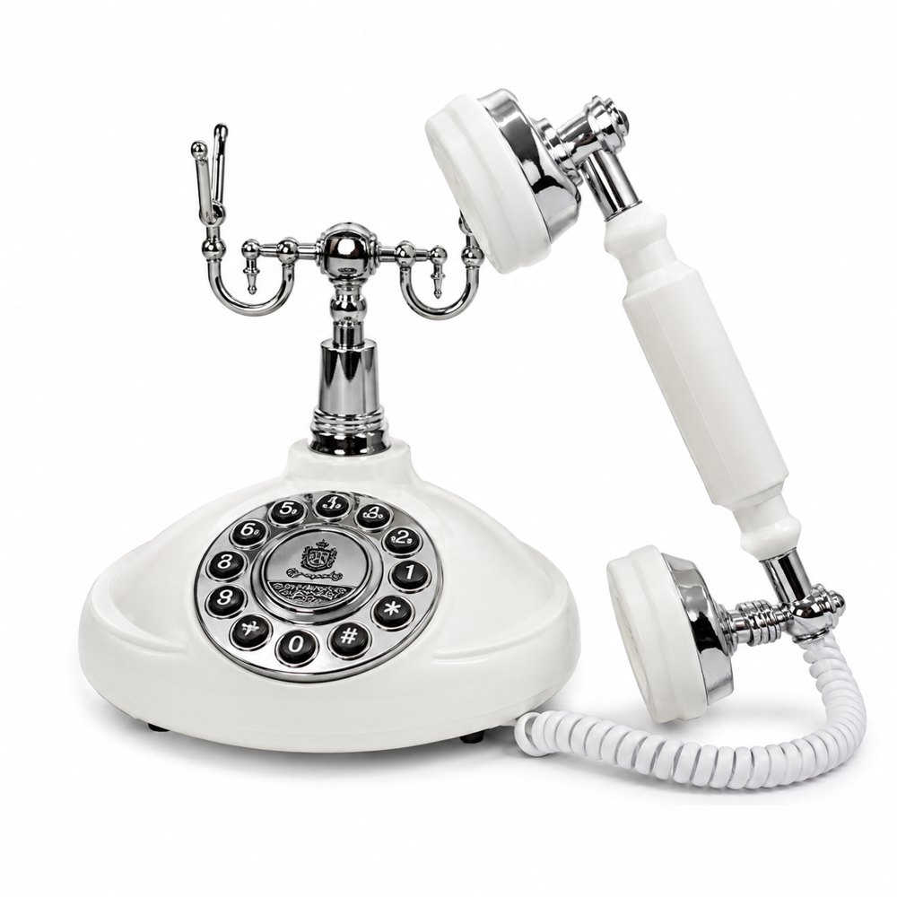 White vintage-style Voice2Keep audio guestbook phone with silver details and a coiled cord